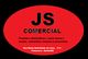 Logotipo JS Comercial em fundo preto com informações de produtos e endereço em texto vermelho.