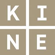 Logo con letras K, I, N y E en un diseño cuadrado beige.