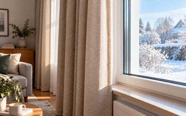 Beigefarbene Thermovorhänge vor einem großen Fenster schützen einen gemütlichen Wohnraum zusätzlich vor winterlicher Kälte.