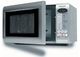 Open silver microwave with a digital display and control panel on the right.