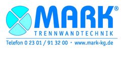 Logo von Mark Trennwandtechnik mit Kontaktinformationen und Website in Blau.