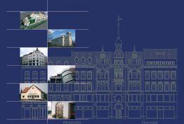 Kollage aus Architekturzeichnungen und Fotos von Gebäuden auf blauem Hintergrund.