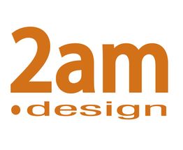 Scritta "2am design" in arancione su sfondo bianco, con punti e linee curve stilizzate.