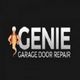 Logo with a genie beside text "Genie Garage Door Repair" on a black background.