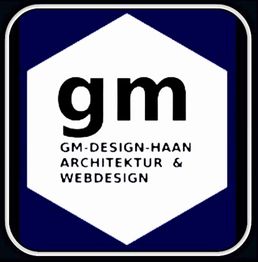 Logo von GM-Design-Haan: Architektur und Webdesign, sechseckige Form auf dunkelblauem Hintergrund.