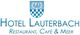 Blau-weißes Wappen über dem Text "Hotel Lauterbach, Restaurant, Café & Meer".
