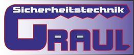 Logo mit blauem Text: "Sicherheitstechnik Graul" auf grauem Hintergrund.