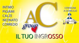 AC Group: Intimo, pigiami, calze, neonato. Consegne a domicilio. Sfondo giallo.