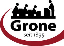 Logo mit Figuren am Tisch, Text: "Grone seit 1895", roter Bogen unten.