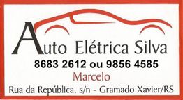 Cartão da Auto Elétrica Silva com contato, nome Marcelo e endereço em Gramado Xavier/RS.