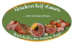 Logo der Fleischerei mit Wurstaufschnitt vor grünem Hintergrund und Schriftzug.