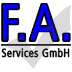 Logo der F.A. Services GmbH mit blauem Text auf weißem Hintergrund.