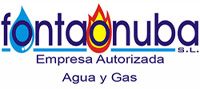 Logo de Fontaonuba S.L., empresa autorizada de agua y gas, con iconos de agua y fuego.