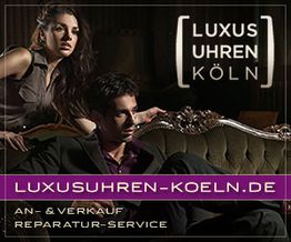 Mann und Frau auf Sofa, Werbung für Luxusuhren Köln: An- & Verkauf, Reparaturservice.