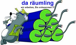 Cartoon-Maus lehnt an blauen und grünen Rollen, mit Text "da räumling: wir arbeiten, Sie entspannen".
