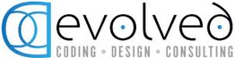 Logo mit Schriftzug "evolved" und Text "Coding-Design-Consulting" darunter in Blau und Schwarz.