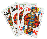 Vier Spielkarten mit Bube der Kreuz, Pik, Karo und Herz auf pinkem Hintergrund.