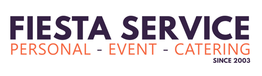 "Logo von Fiesta Service: Personal, Event, Catering seit 2003 in lila und orange Schrift."