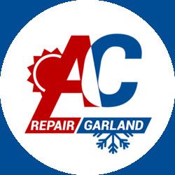 AC Repair Garland logo with sun and snowflake, in red and blue colors.