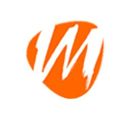 Ein orange-weißes Logo mit einem stilisierten Buchstaben "M".