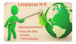 Figura verde limpiando el mundo; texto: "Limpiezas N.R, Mantenimientos, Fines de obra, Garajes, Comunidades".