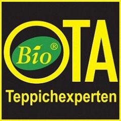 Gelbes "OTA" Logo mit grünem "Bio" Symbol in der Mitte und Schriftzug "Teppichexperten".