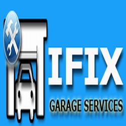 "Logo of IFIX Garage Services with a car and a wrench and screwdriver emblem on a blue background."