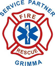Feuerwehr-Logo mit Lebensstern und Schriftzug "Service Partner Fire Rescue Grimma".