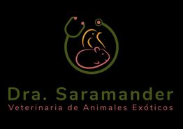 Logo de Dra. Saramander, veterinaria de animales exóticos, con siluetas de loro y ratón.