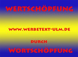 Blauer Hintergrund, roter Text: "Wertschöpfung durch Wortschöpfung" und eine Website-Adresse.