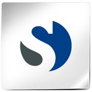Abstraktes Logo mit blauen und grauen Formen auf weißem Hintergrund.