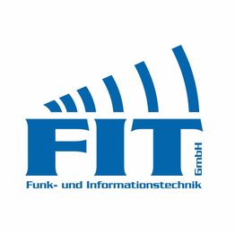 Logo von FIT GmbH, Funk- und Informationstechnik, blaue Schrift mit stilisierten Funksignalen.