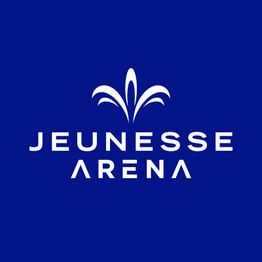 Logotipo da Jeunesse Arena em fundo azul com símbolo estilizado acima do nome.