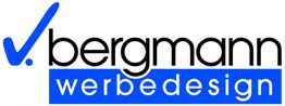 Logo von "Bergmann Werbedesign" mit blauem Haken und Text auf blauem Hintergrund.