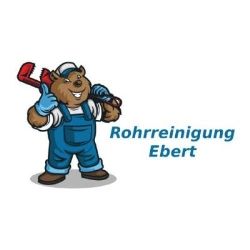 Karikatur eines Bären mit Latzhose und Rohrzange, daneben der Text "Rohrreinigung Ebert".