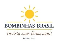 Logotipo "Bombinhas Brasil" com sol amarelo e texto "Invista suas férias aqui! Desde 1991".