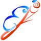 Logo con disegno astratto a spirale in blu e rosso su sfondo bianco.