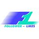 Logo mit stilisiertem "F1", darunter Text "FOLLOWER -- LIKES" in Blau und Türkis.