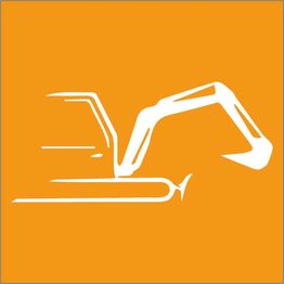 Stilisierte weiße Bagger-Silhouette auf orangem Hintergrund.