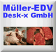 Müller-EDV Logo mit Schweinen und rohem Fleisch.