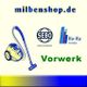 Staubsauger und drei Logos: milbenshop.de, SEBO, Ha-Ra und Vorwerk.