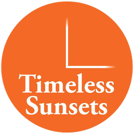 Orange circle with "Timeless Sunsets" text and minimalist clock hand design.