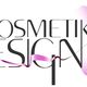 Schriftzug "Kosmetik Design" mit rosa Blume im Hintergrund und geschwungener Linie.