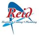 Logo of Reid Heating, Cooling, Plumbing with red and blue text and abstract background.
