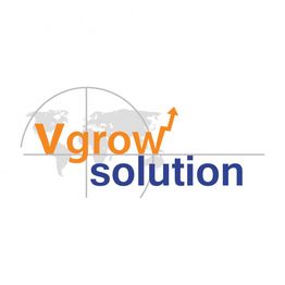Vgrow Solution logo with globe and upward arrow in the background.