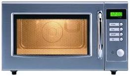 Silver microwave oven with a digital clock showing 12:00 and buttons on the right side.