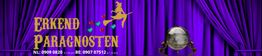 Paarse achtergrond met tekst "Erkend Paragnosten", een heks op een bezem en een glazen bol.