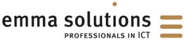 Logo van Emma Solutions, met tekst "Professionals in ICT" en een bruine stip en strepen.