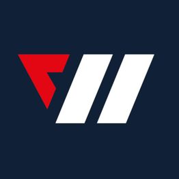 Logo mit rotem Pfeil und zwei weißen Balken auf dunkelblauem Hintergrund.