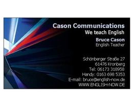 Visitenkarte von Cason Communications mit Kontaktdaten und bunter Grafik links.